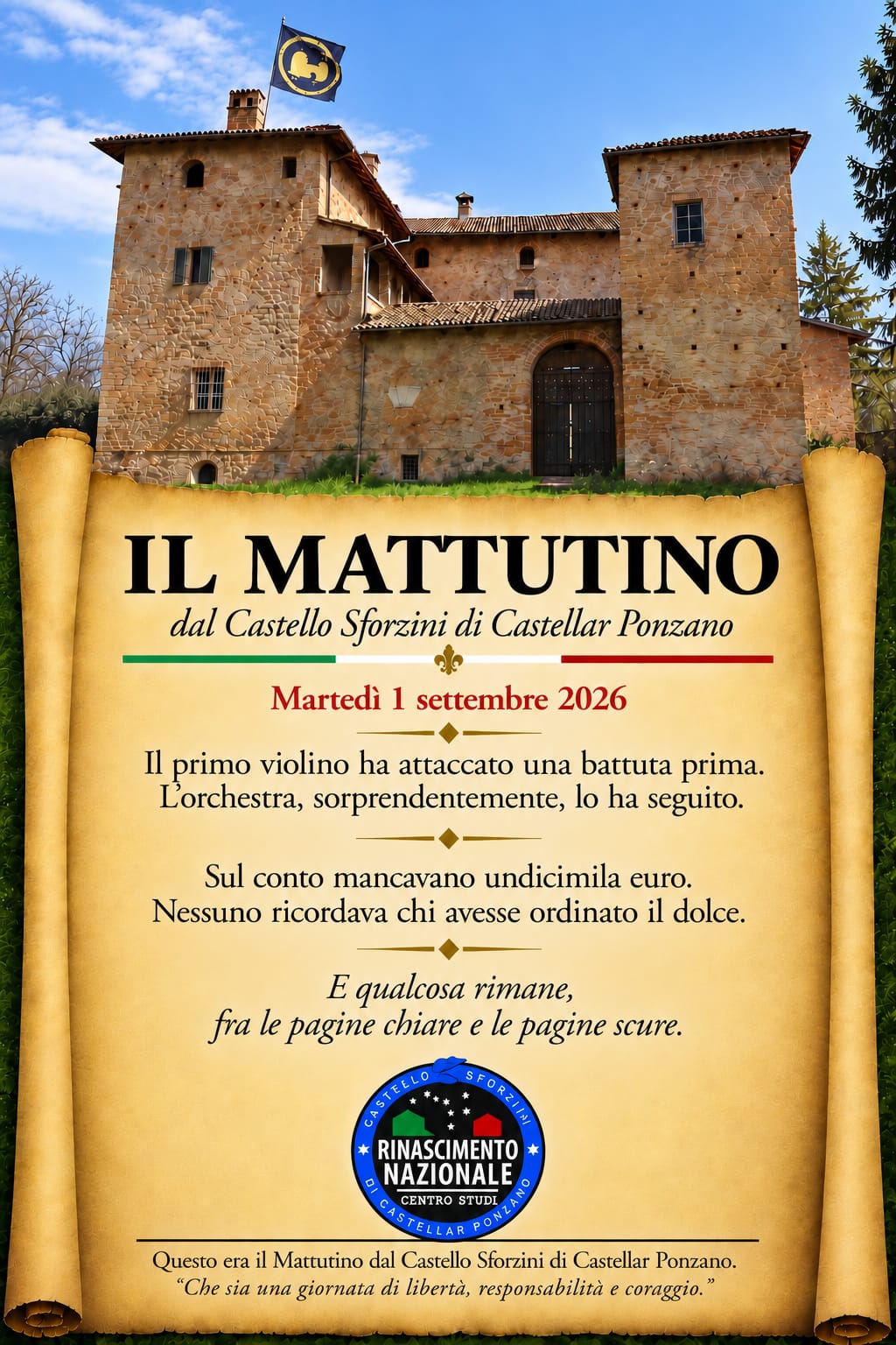 Sul conto mancavano undicimila euro. Nessuno ricordava chi avesse ordinato il dolce. E qualcosa rimane, fra le pagine chiare e le pagine scure. Questo era il Mattutino dal Castello Sforzini di Castellar Ponzano. "Che sia una giornata di libertà, responsabilità e coraggio."
